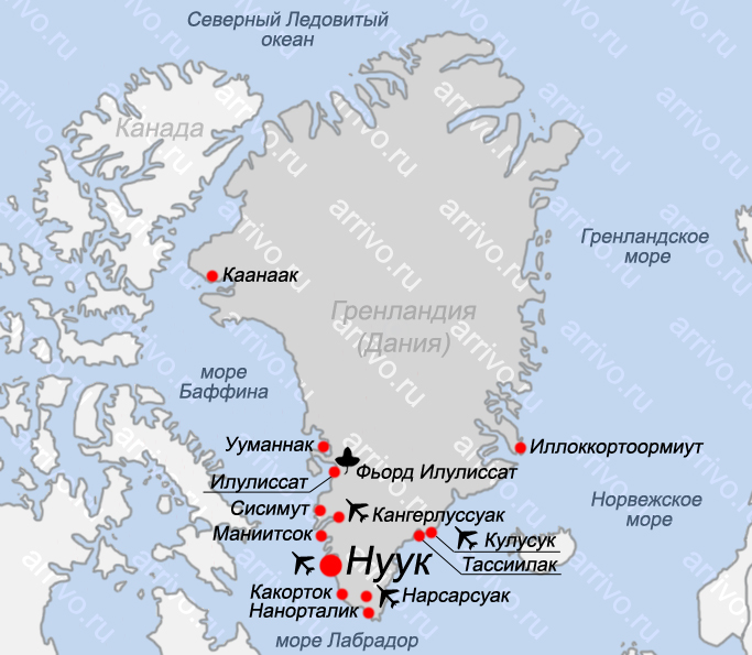 Карта гренландии с городами